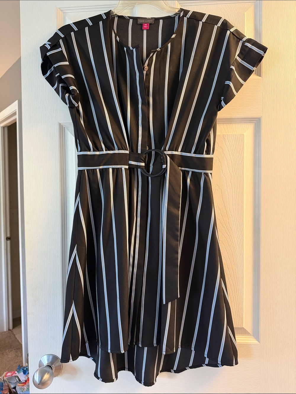 Women’s Black & White Vertical Stripe Belted Dress